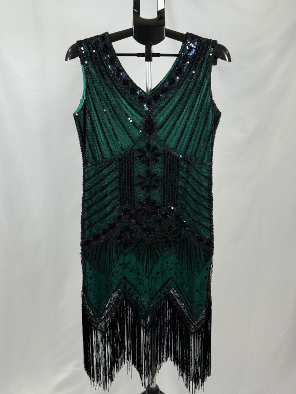 Art Deco Beaded Fringe Flapper Dress Green Black Gatsby L